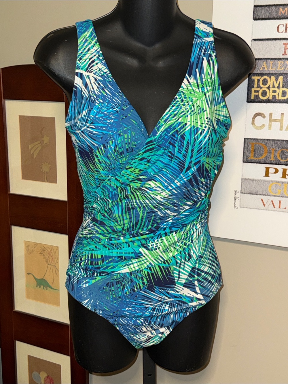L.L. Bean Blue & Green Tropical Print One-Piece Swimsuit
